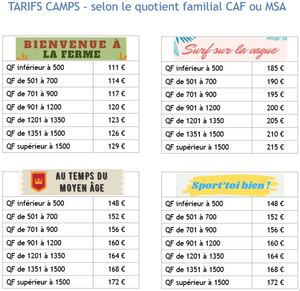 tarifs camps